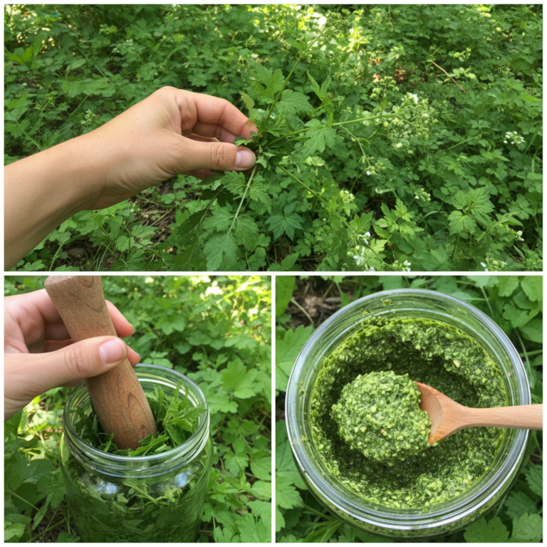 A three-panel collage showing the process of making pesto from wild greens a hand foraging greens a hand mashing greens 