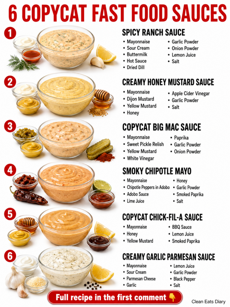A collection of six homemade copycat fast food sauces each in a clear glass bowl surrounded by their raw ingredients in 