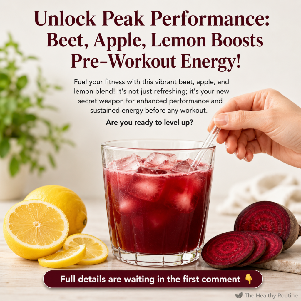 A vibrant deep red beet apple and lemon pre-workout drink in a glass filled with ice garnished with a lemon slice on a l