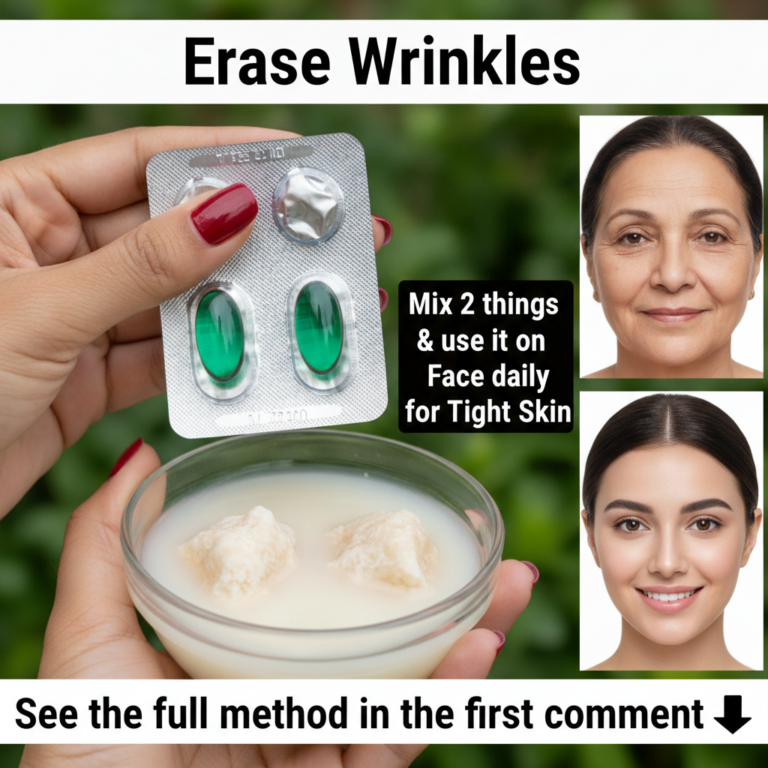 Hands holding Vitamin E capsules and a bowl of milky DIY mixture with a side-by-side comparison of wrinkled and smooth s
