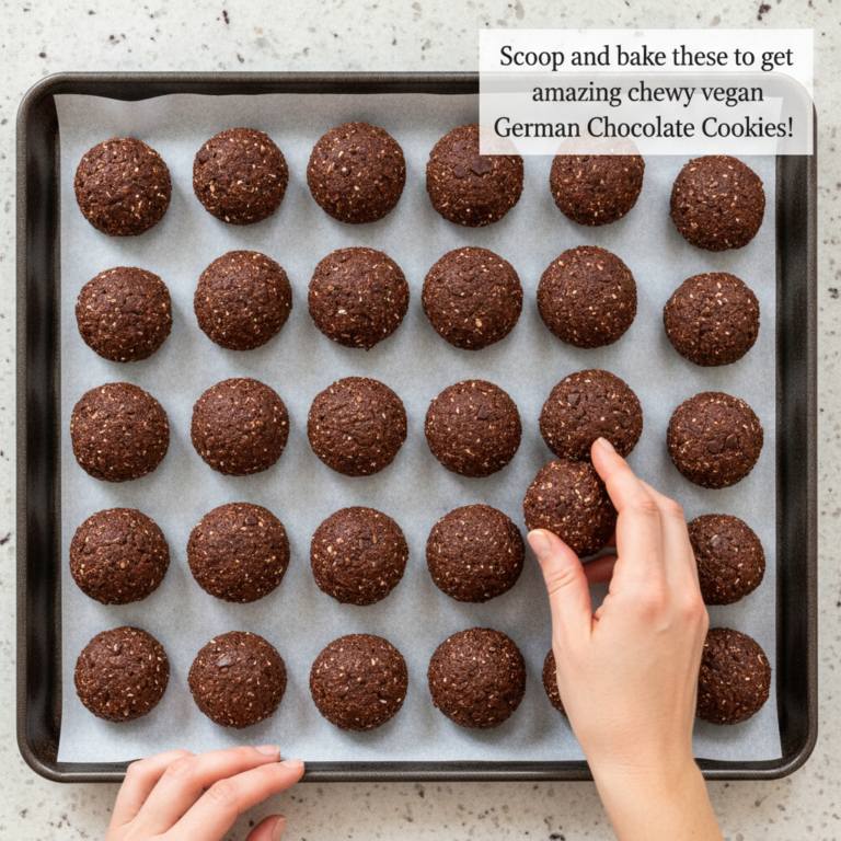 A top-down view of unbaked vegan German Chocolate Cookie dough balls uniformly scooped on a baking sheet with parchment 