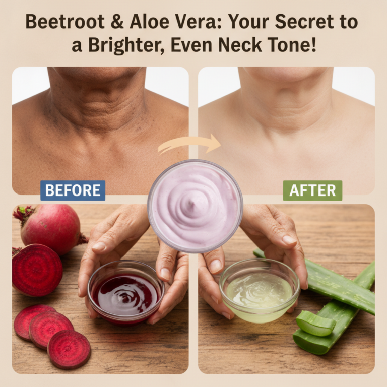 A multi-panel visual collage showing a BEFORE and AFTER comparison of a neck illustrating improved tone with a small jar
