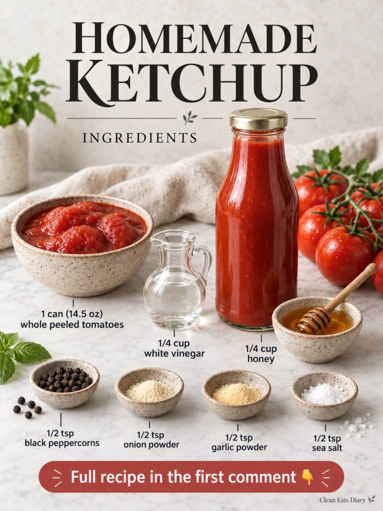 A glass bottle of vibrant red homemade ketchup with a gold lid surrounded by fresh tomatoes basil and small bowls of hon