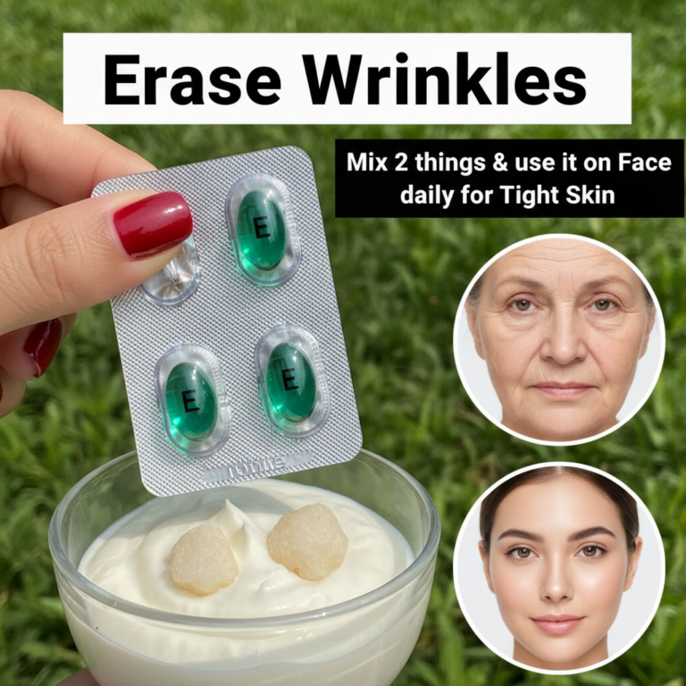 A hand holding green Vitamin E capsules over a bowl of white creamy substance with a blurry green background and Erase W
