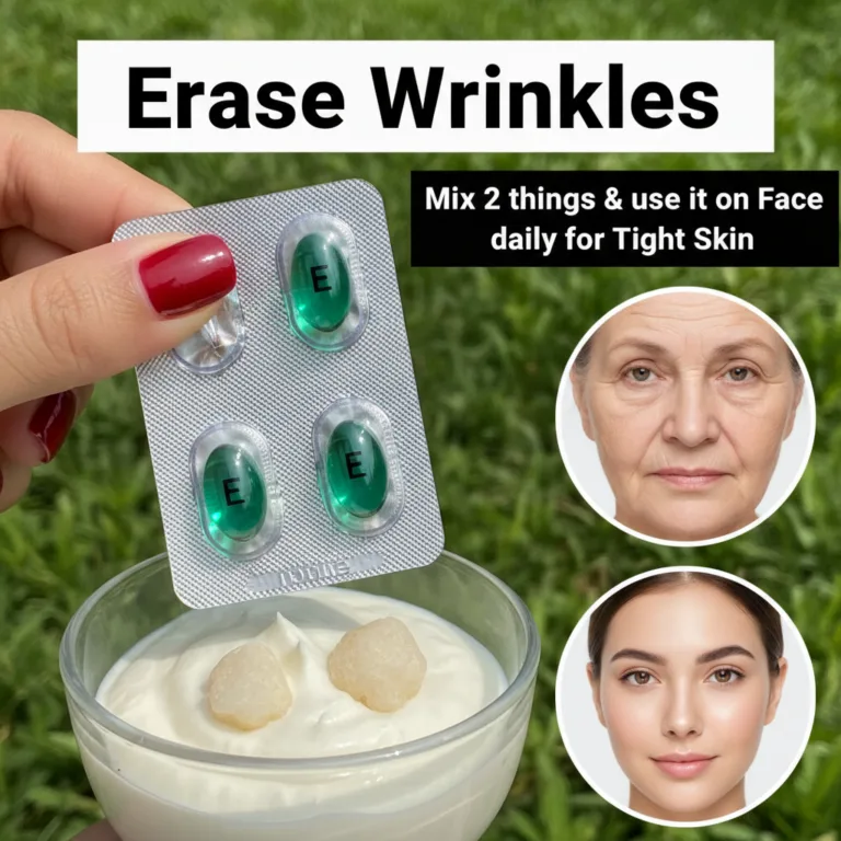 A hand holding green Vitamin E capsules over a bowl of white creamy substance with a blurry green background and Erase W
