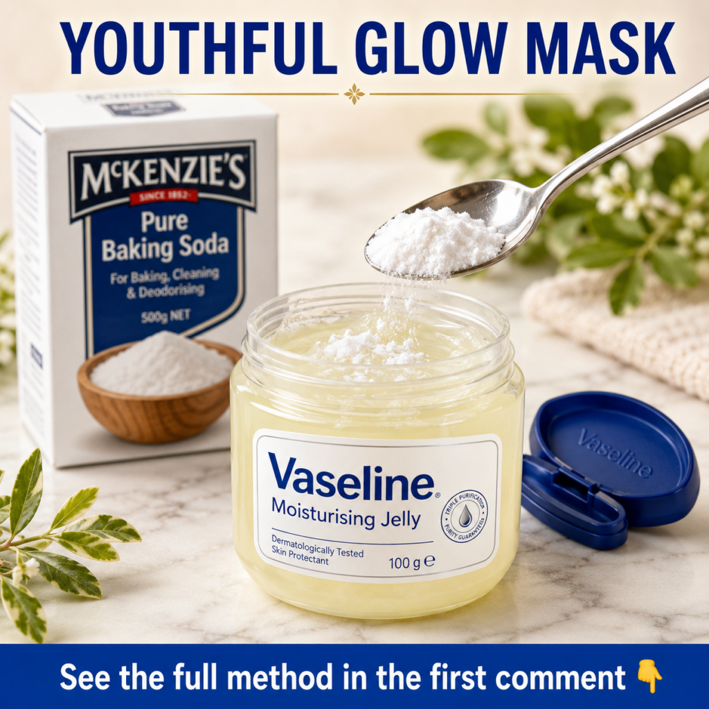 A close-up well-lit flat lay composition showcasing a clear jar of Vaseline Moisturising Jelly with white powdery baking