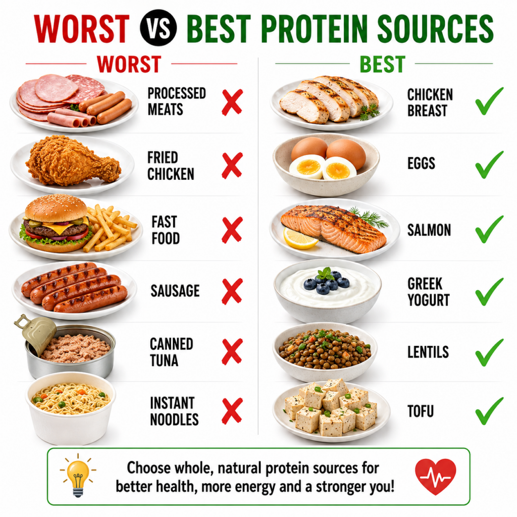 An infographic titled WORST VS BEST PROTEIN SOURCES with two columns The left column labeled WORST in red shows processe