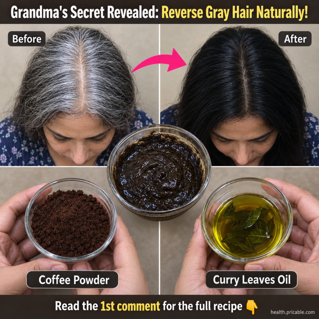 A split image showing a before scalp with visible gray hair and an after scalp with dark rich hair Below two hands hold 