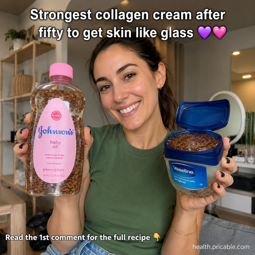 A smiling woman holding a bottle of Johnson s Baby Oil in one hand and a tub of Vaseline Petroleum Jelly with flaxseeds 