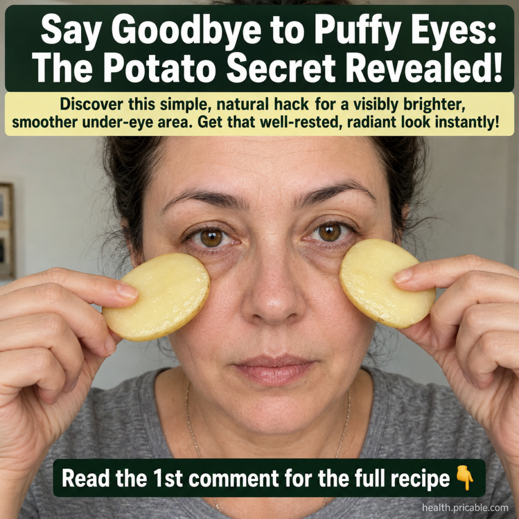A woman applies thin slices of raw potato under her eyes looking refreshed and relaxed The setting is a bright clean bat