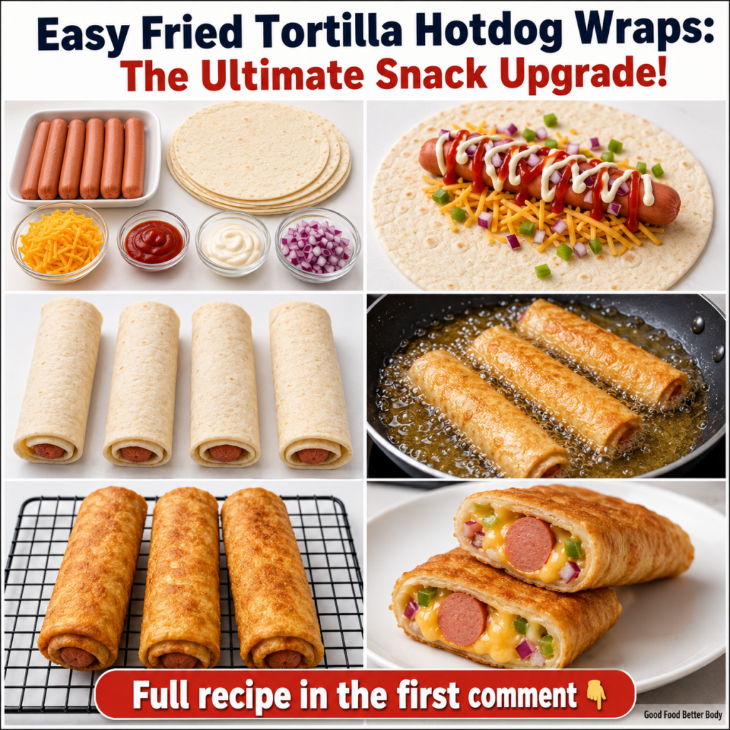 Crispy golden-brown fried tortilla hotdog wraps on a cooling rack with a cross-section of one wrap showing melted cheese