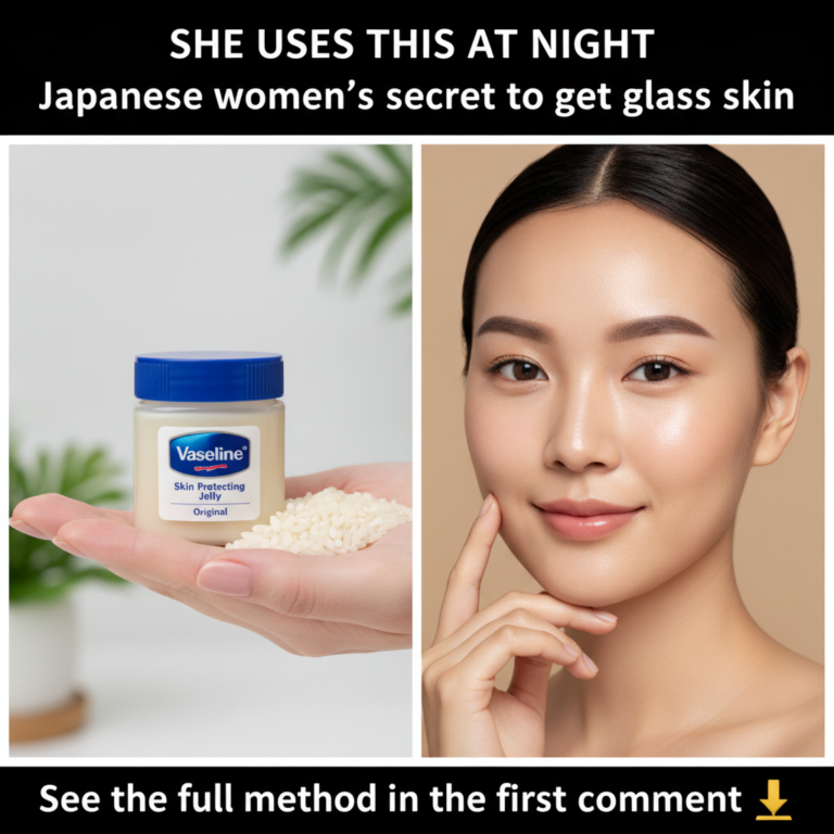 A split-screen image featuring a hand holding Vaseline and rice on one side and a radiant East Asian woman s face on the