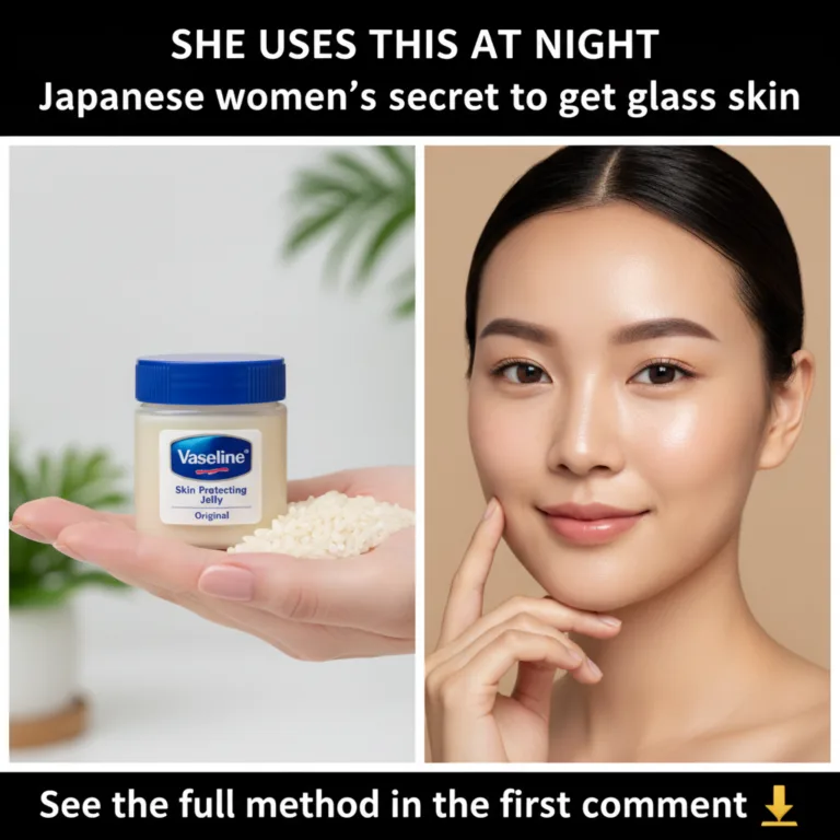 A split-screen image featuring a hand holding Vaseline and rice on one side and a radiant East Asian woman s face on the