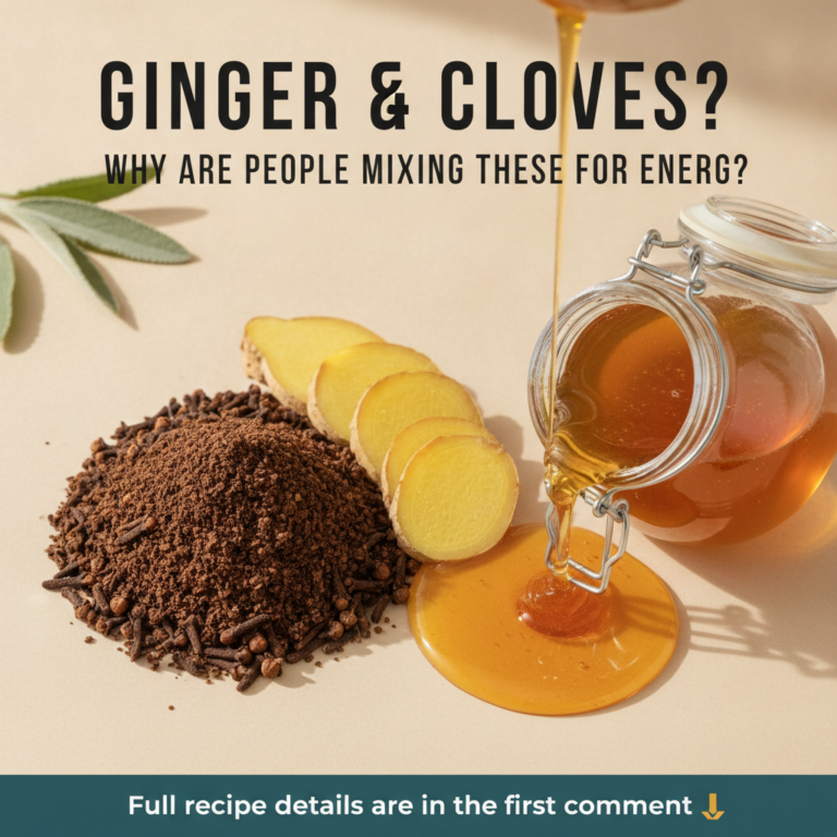 A flat lay of fresh ginger slices whole and ground cloves and honey being poured from a glass jar with a few green leave