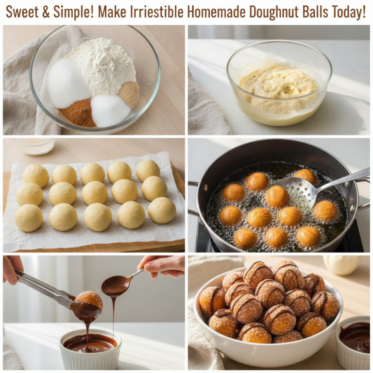 A six-panel collage showing the step-by-step process of making homemade doughnut balls from dry ingredients to finished 
