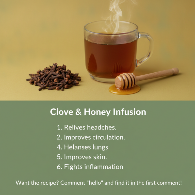 A clear glass mug emitting steam next to whole cloves and a wooden honey dipper resting in a puddle of golden honey all