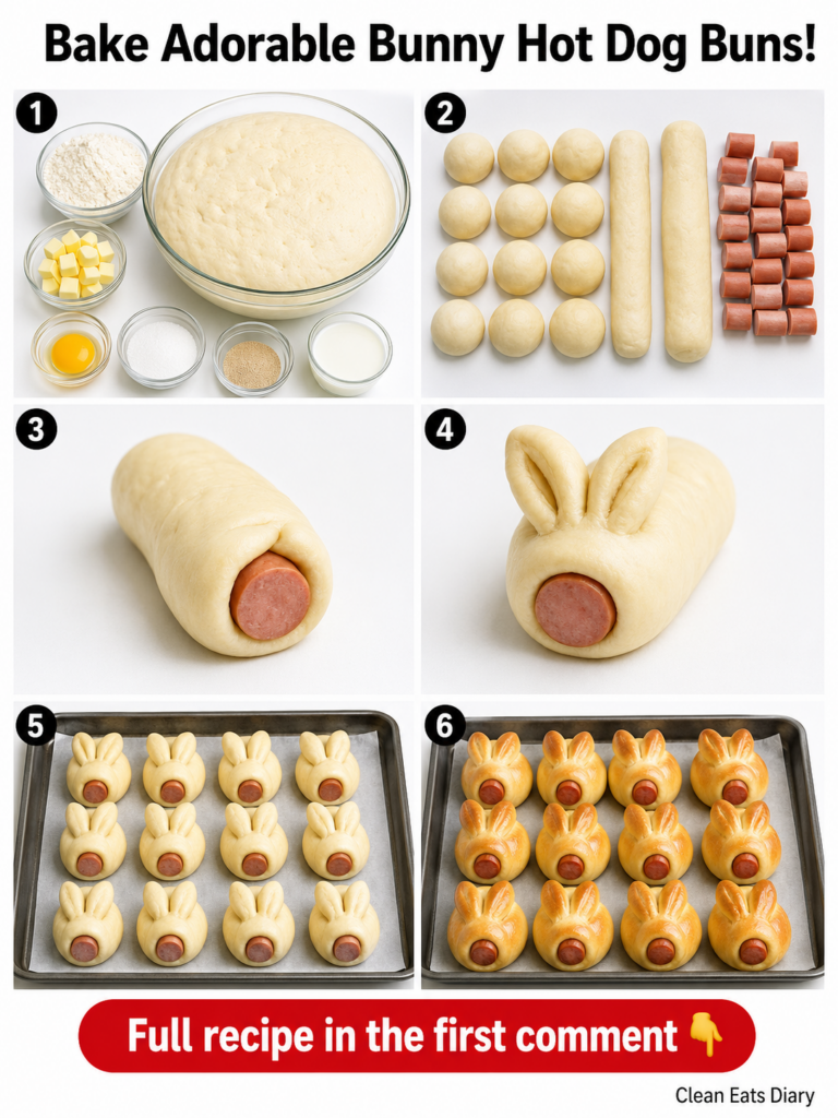 A trio of freshly baked golden-brown bunny hot dog buns arranged playfully on a wooden board with a soft blur of kitchen