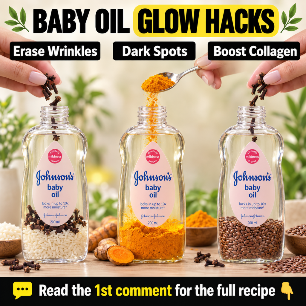 Three bottles of Johnson s Baby Oil being infused with natural ingredients cloves turmeric and flax seeds with hands add