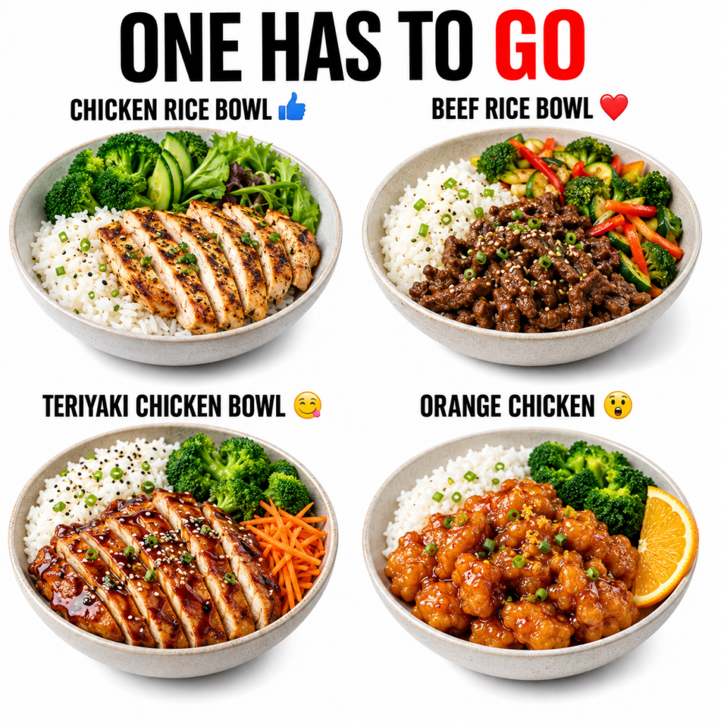 A 2x2 grid infographic showing four different rice bowls Chicken Rice Beef Rice Teriyaki Chicken and Orange Chicken Each