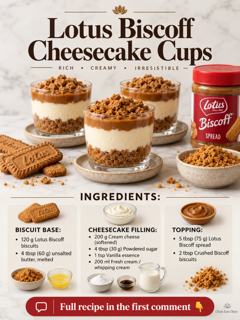Three layered individual Lotus Biscoff Cheesecake Cups in clear glass jars topped with crushed Biscoff biscuits and a dr