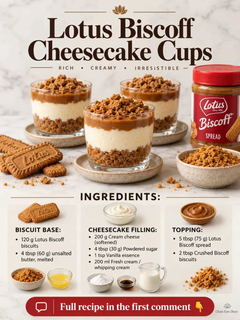 Three layered individual Lotus Biscoff Cheesecake Cups in clear glass jars topped with crushed Biscoff biscuits and a dr