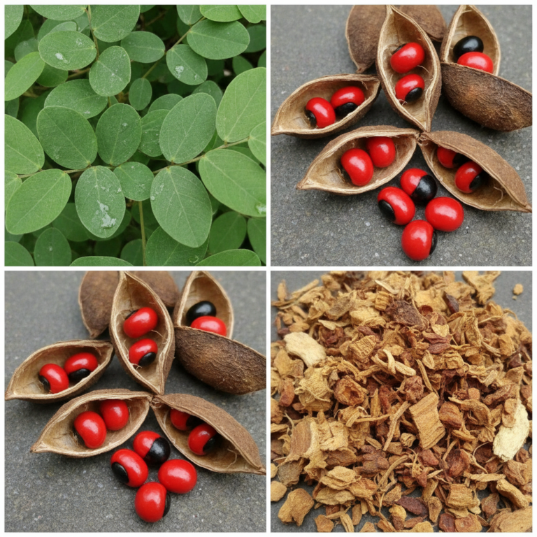 A four-panel collage featuring the Rosary Pea plant The top-left shows vibrant green leaves The top-right and bottom-lef