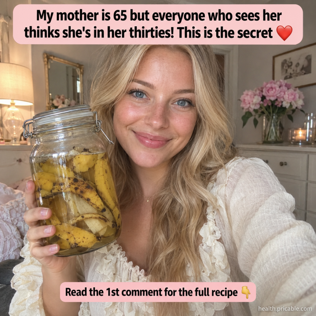 A young woman holding a glass jar filled with banana peels soaking in liquid smiling gently at the camera in a soft cozy