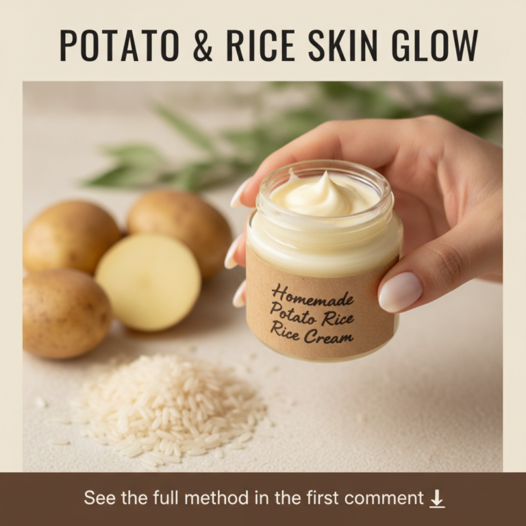 A clean well-lit flat lay composition showing raw potatoes one sliced a small pile of uncooked white rice and a hand hol
