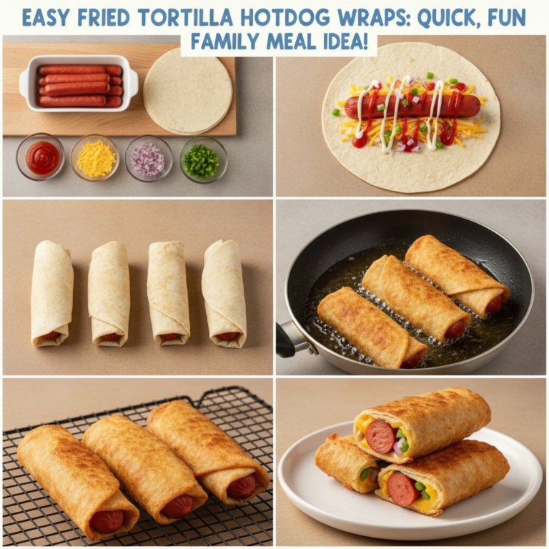A six-panel collage showing the step-by-step process of making fried tortilla hotdog wraps from ingredients to assembly 
