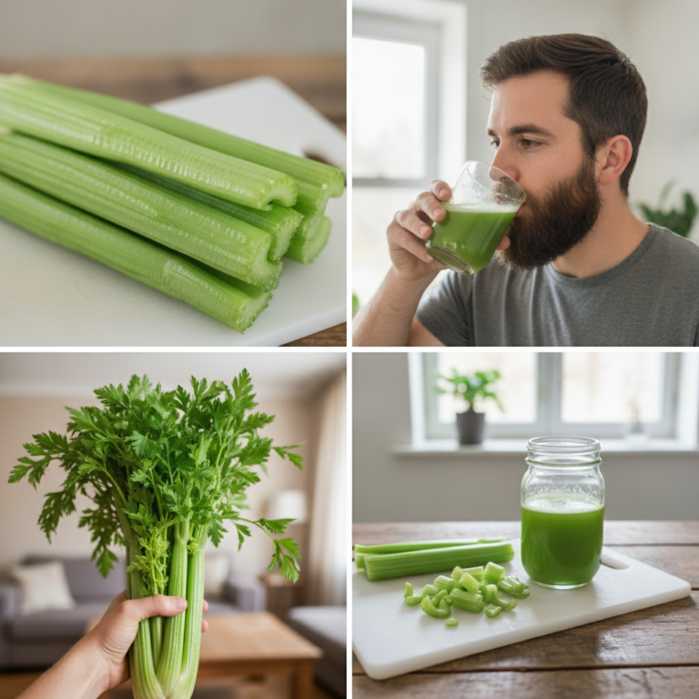 A four-panel collage showing fresh celery a man drinking celery juice a hand holding celery and chopped celery with juic