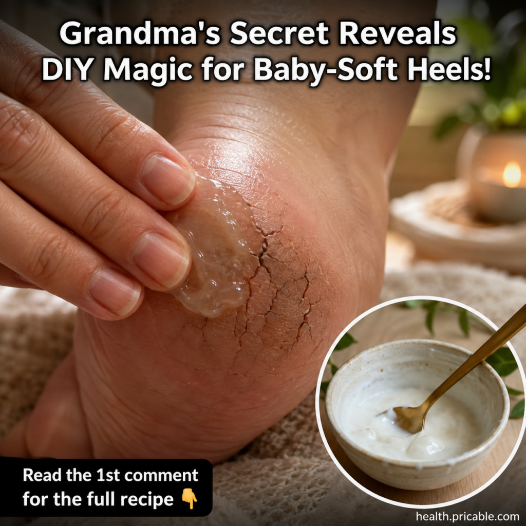 A close-up of a severely cracked heel with a hand gently applying a creamy white homemade remedy to the affected area em