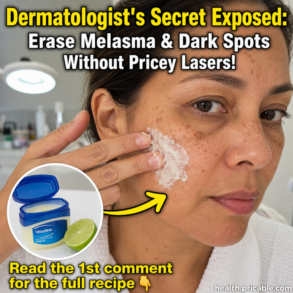 A woman applying a white creamy substance to her cheek which has dark spots and melasma with a jar of Vaseline and a lim