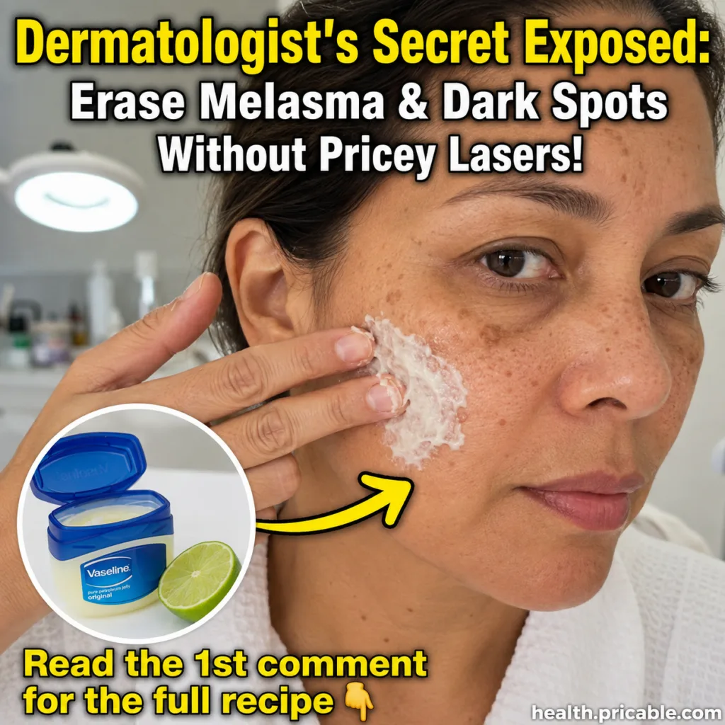 A woman applying a white creamy substance to her cheek which has dark spots and melasma with a jar of Vaseline and a lim