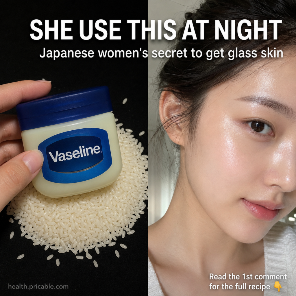 A split image showing a hand holding Vaseline over rice grains on the left and a young woman with radiant glass skin on