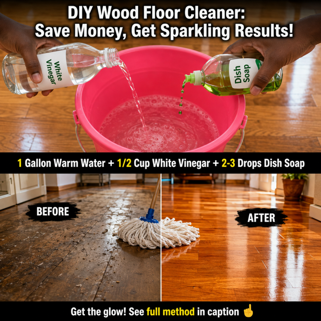 Hands pouring white vinegar and dish soap into a bucket of water to prepare a DIY wood floor cleaner