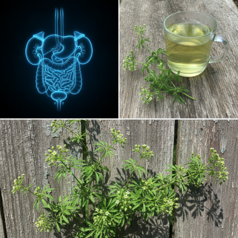 A visual collage showcasing cleavers its natural form growing in the wild its preparation as an herbal tea in a rustic s