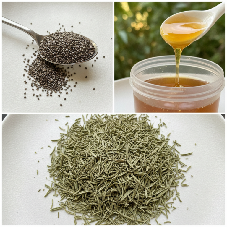 A three-panel collage showing black seeds on a spoon honey dripping into a container and dried rosemary leaves all again