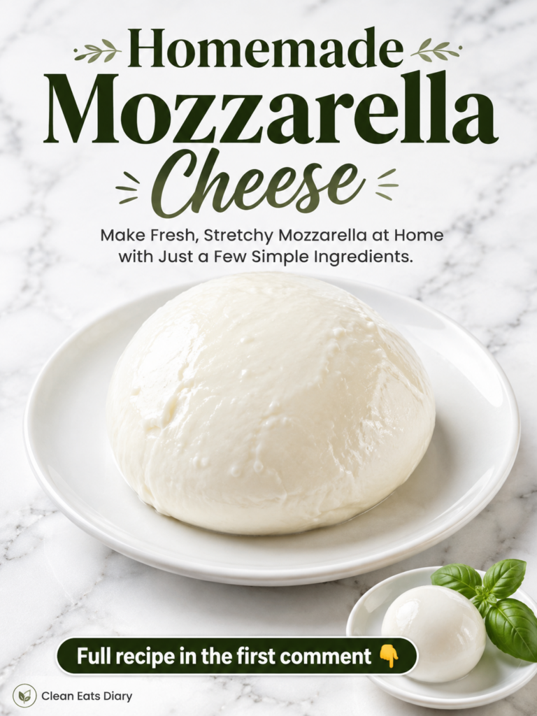 A large ball of glistening homemade mozzarella cheese on a white plate with two smaller mozzarella balls and fresh basil