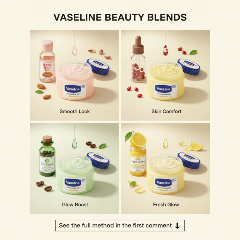 A grid-based image showcasing four distinct Vaseline Beauty Blends Each quadrant features a jar of Vaseline cream combin