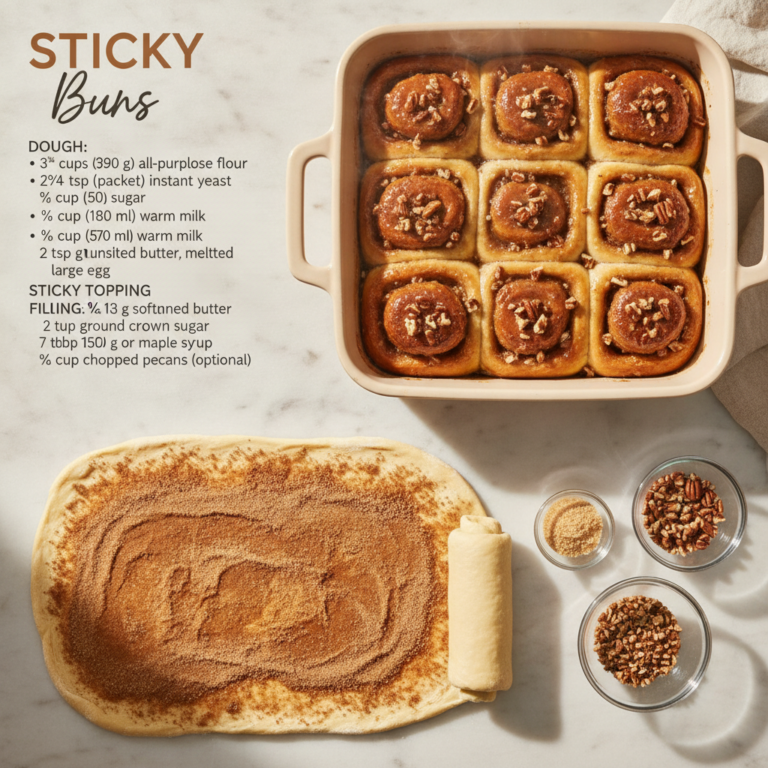 A flat lay showing freshly baked sticky buns in a ceramic dish alongside ingredients like brown sugar and pecans and a p