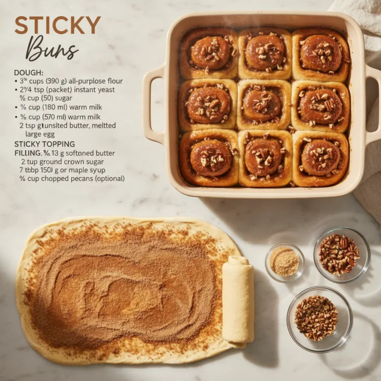 A flat lay showing freshly baked sticky buns in a ceramic dish alongside ingredients like brown sugar and pecans and a p