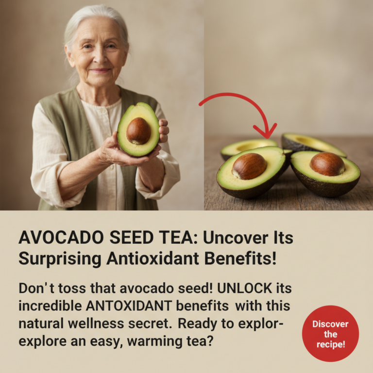 An elderly woman smiling and holding an avocado half with its prominent seed next to several avocado halves with seeds o