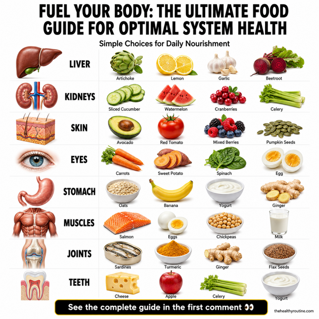 An infographic titled FUEL YOUR BODY THE ULTIMATE FOOD GUIDE FOR OPTIMAL SYSTEM HEALTH showing illustrations of body par