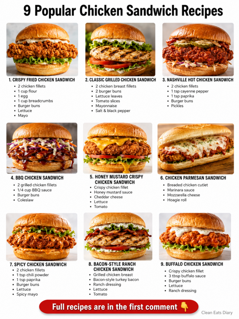 A 3x3 grid showcasing 9 different chicken sandwiches Each square has a high-quality photo of a sandwich with its name an
