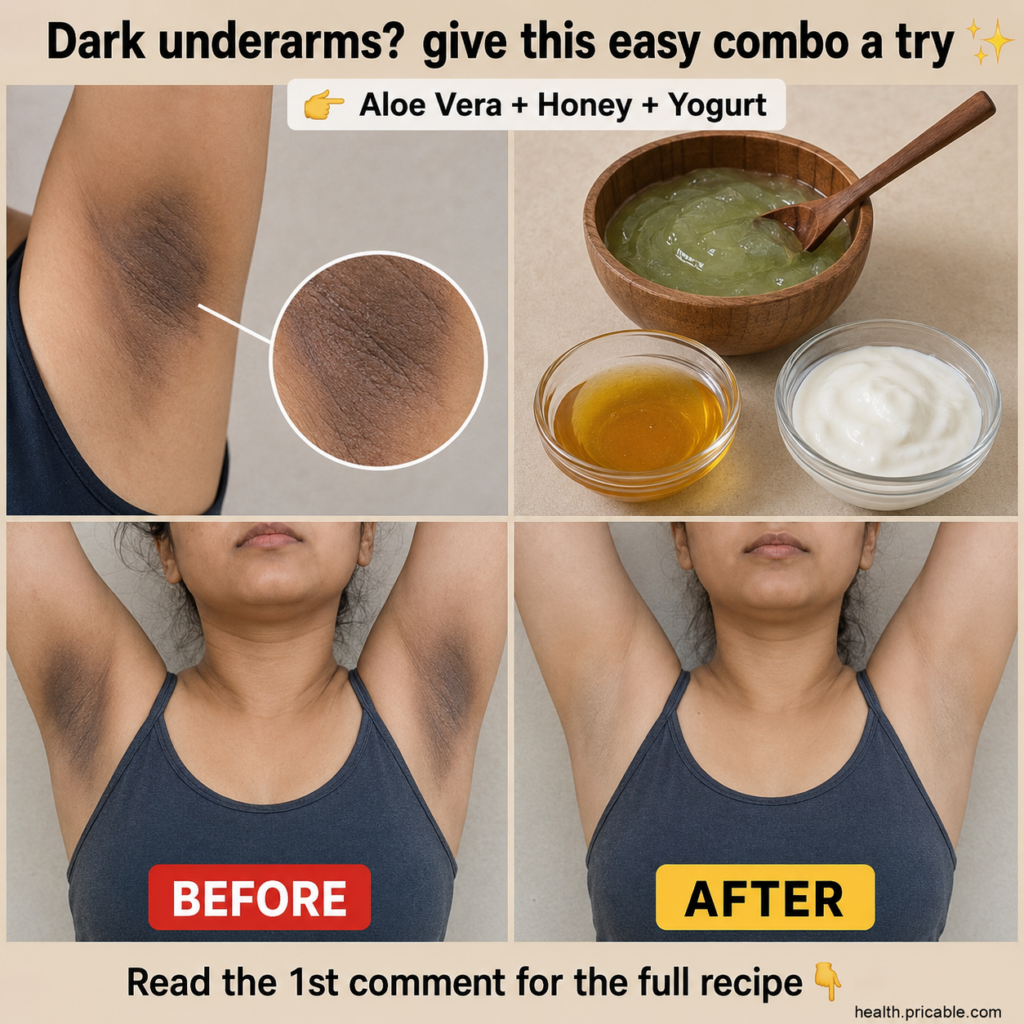 A visual guide showing dark underarms then the three ingredients aloe vera honey yogurt and finally a before and after c