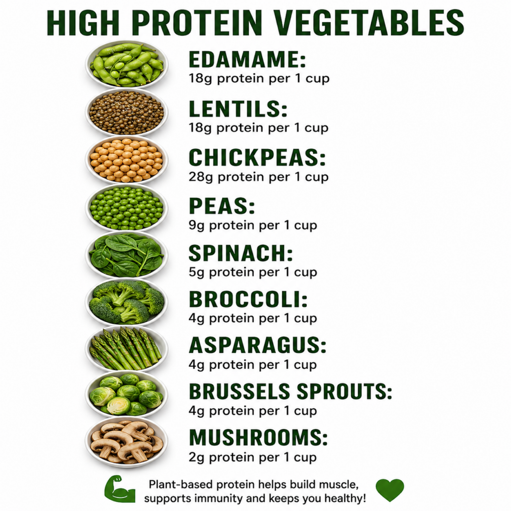 A visually organized infographic displaying nine high-protein vegetables in small white bowls each labeled with its name