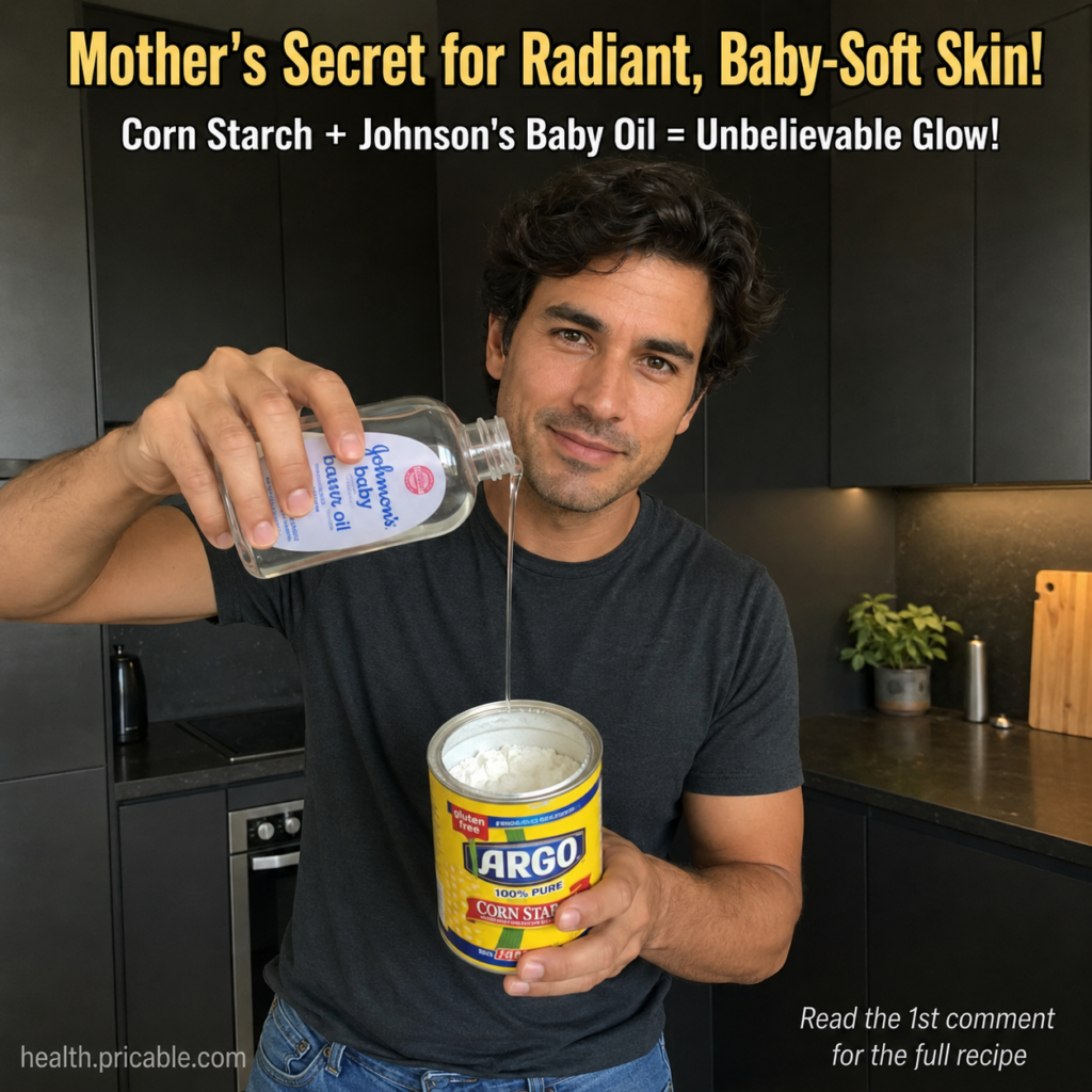 A man in a modern kitchen is pouring baby oil from a bottle into a can of corn starch with a friendly expression The can