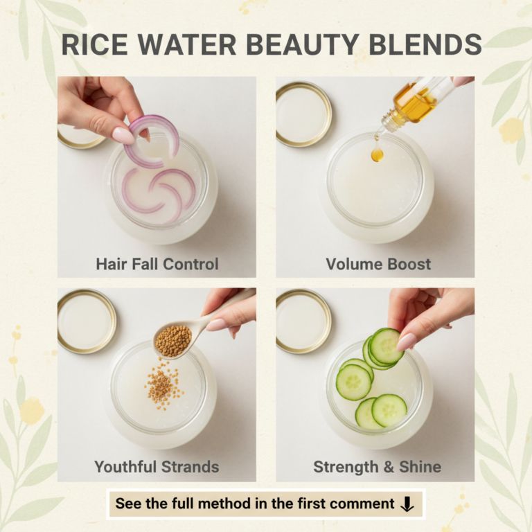 A grid showing four different DIY rice water beauty blends Top-left red onion in rice water for Hair Fall Control Top-ri