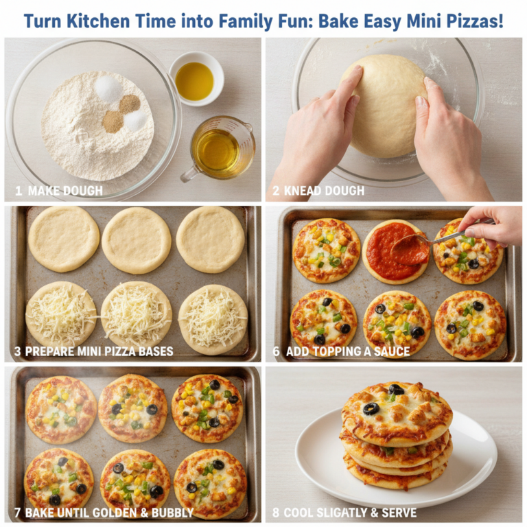 An 8-panel grid showing step-by-step instructions for making mini pizzas dough ingredients kneading shaping bases adding