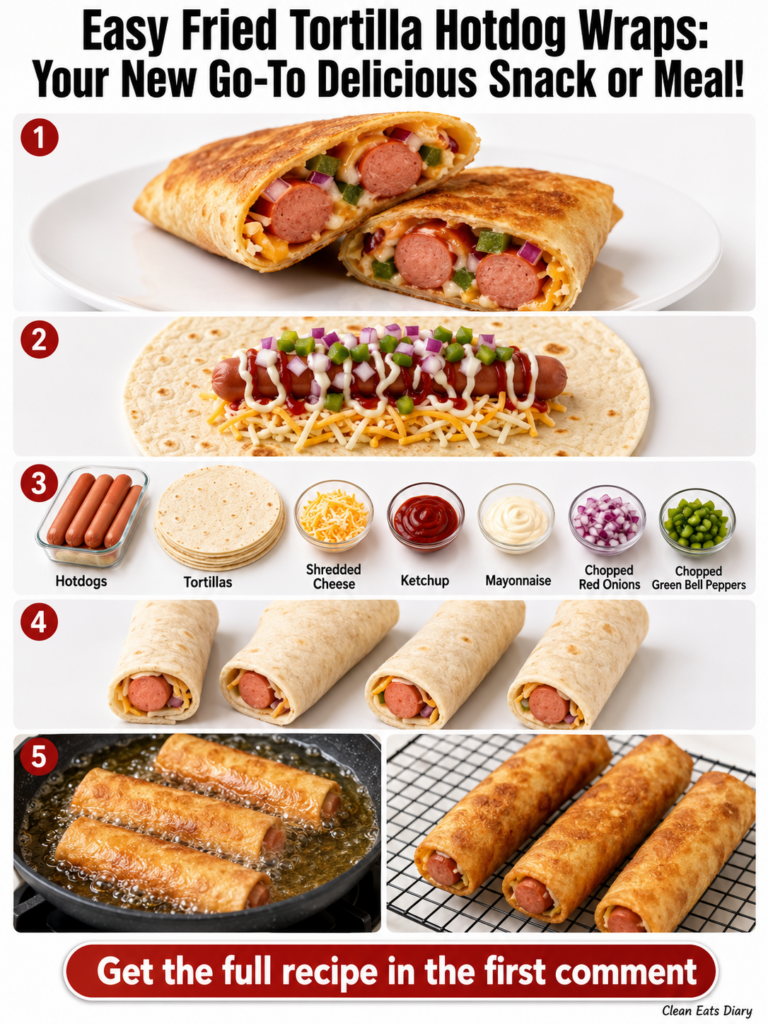 Two golden-brown fried tortilla hotdog wraps one cut in half to show the hotdog melted cheese red onions and green bell 
